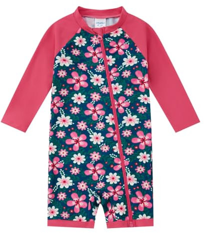 upandfast Baby Badeanzug für Mädchen Einteiliger mit Reißverschluss UPF50+ Sonnenschutz Bademode(Blau Blume,24-36 Monate)