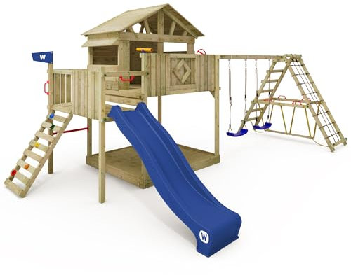 WICKEY Spielturm Klettergerüst Smart Fjord mit Schaukel & Blauer Rutsche, Outdoor Kinder Kletterturm mit Sandkasten, Leiter & Spiel-Zubehör für den Garten