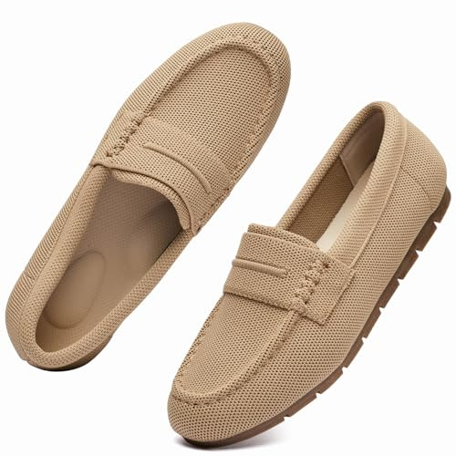 Vespiero Loafers for Women Comfortable Slip on Work Flats Shoes Womens Dressy Casual Walking Shoes Beige Knit Fabric Size 9 Wide Width
