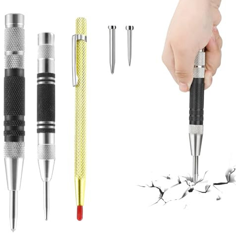 3 Piezas Punzonado Central Ajustable Automático, Duradero Metal Localizador Punzón con Rayador de Aleación, Tensión Perforadoras con 2 Punta Respuesto para Romper Ventanas Madera Vidrio