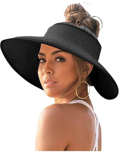 Sommerhut Damen Leicht mit Loch Zopf Sonnenschild Strandhut Strohhut Atmungsaktiv Uv Schutz 50 Schwarz Breite Krempe Sommerhut Sonnenhüte Großer Kopf Elegant Faltbar Sonnenhut