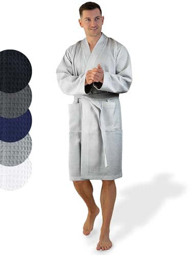 SIEGENTHAL® Herren Bademantel Waffelpique 100% Baumwolle mit Schalkragen Leicht Morgenmantel - Hellgrau XL -XXL