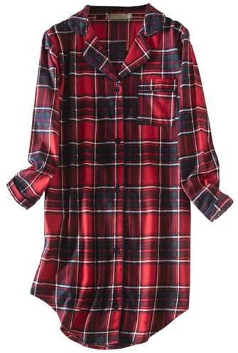 CHUNG Camicia da notte da donna a maniche lunghe, con bottoni, a quadri, camicia da notte scozzese, pigiama in flanella di cotone, Verde e rosso., XXL