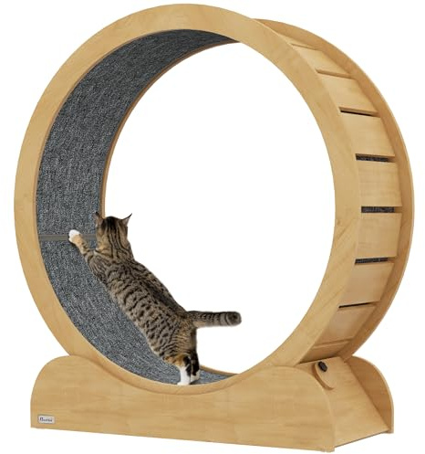 PawHut Cat Treadmill, Cat Exercise Wheel, 39.4 inch Kitten Running Wheel with Brake, Carpeted Runway for Exercise - Natural Wood Finish