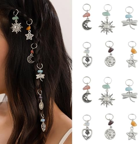 Ouliget Boho Silver Tribal Braid Rings,African Braid Decorations Circle Hair Jewelry Set,Charms Vintage Metal Hair Charms for Women's Hairstyles Dreadlocks Hair,12 pieces