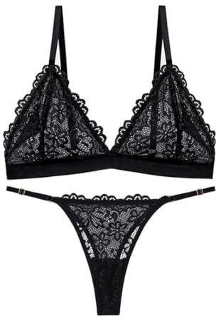 AMateschitz Set reggiseno e perizoma in pizzo da donna sexy, lingerie con perizoma da donna senza ferretto, reggiseno triangolare, biancheria intima con perizoma babydoll, lingerie con spalline
