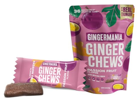 Gingermania™ Ginger Chews | Passion Fruit Flavor | Made with Real Ginger & Passion Fruit | Sweet & Spicy Chewy Candy | 36 Individually Wrapped Chews Per Bag | 5oz Bag (Pack of 6)