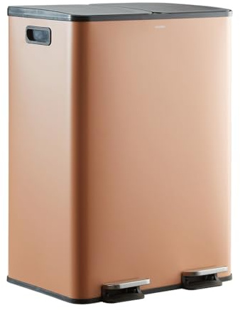 CASABEL Cubo de Basura Cocina Reciclaje 60L – 2x30L Doble Compartimento con Pedal, Acero Inoxidable Terracota, Cubos de Basura de Reciclaje, Tapas Silenciosas, Cubos Extraíbles.