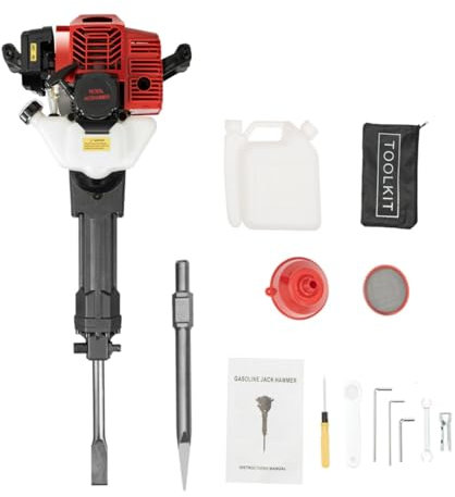 52CC 2 Stroke Petrol Demolition Hammer Breaker Jack Hammer 1900W 1500BPM Concrete Drill Air-Cooled Gas Powered Demolition Jack Torque 3.5N.M Vibration-Cushioned Handle with Point Chisel, Flat Chisel