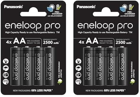 eneloop pro, AA/Mignon NI-MH Akku, 4er-Pack, Kapazität mit min. 2500 mAh, Ready-to-Use NI-MH Akkus, bis zu 500 Mal wiederaufladbar, plastikfreier Verpackung, pro, schwarz (Packung mit 2)
