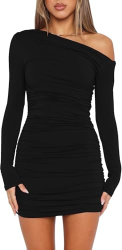 Wenrine Robe Sexy pour Femme - Épaules dénudées - Manches Longues - Mini Robe à Volants - Moulante - Invité de Mariage - Robe de Cocktail, Noir, L