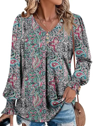 CHICZONE Women's Long Sleeve Tops V Neck Pleated Shirts Blouses Dressy Casual Tunic
