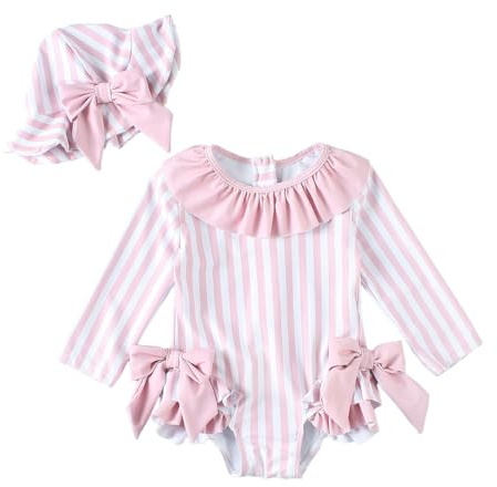 JENJON Traje de Baño a Rayas para Bebé Niña con Volantes Mangas Lindo Floral Traje de Baño de Una Pieza con Cremallera Protección UV y Gorro de Playa Verano Rayas Rosas 6-12 Meses