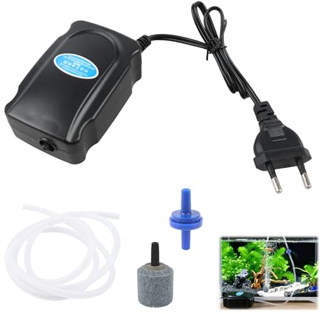 Bomba de Aire para Acuario 3W, Oxigenador Acuario 2L/min con Manguera de Silicona 120 cm, Piedra Difusora y Válvula Antirretorno, Aireador para Acuario de Agua Dulce y Salada