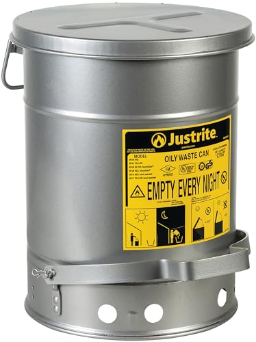 Justrite SoundGuard Poubelle à Déchets Huileux en Acier avec Couvercle à Commande Pied, 20 L, Argent