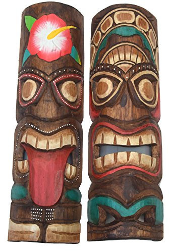 Interlifestyle 2 Tiki Masken 50cm Wandmaske Tiki Maske Hawaii Holzmaske Masken Wandmasken