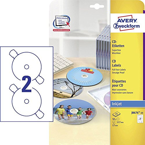 Avery Zweckform J8676-50 CD Labels (Pack of 25 Sheets, Quick Drying, Ø 117 mm 25 Sheets White)
