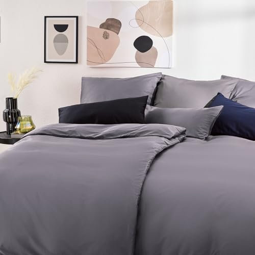 Blumtal Mako Satin Bettwäsche 135 x 200 & 80x80 cm Kissenbezug Anthrazit - Oeko Tex Zertifizierte Satin Bettwäsche aus 100% Baumwolle - edler Bettbezug Glanzoptik 135x200 Satin mit Reißverschluss