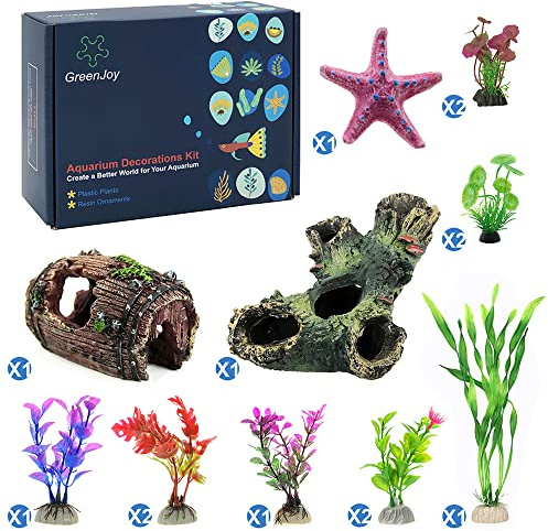 GreenJoy Aquarium Decorations Fish-Tank Accessories Plants - Fish Tank Decor Kit with Artificial Plants and Hideouts Ornaments