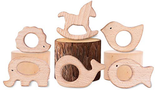 YoungRich 6 Pcs Bebé Dentición de Madera Erizo Elefante Pájaro Delfín Pez dorado Caballo Kit de Animales DIY Colgante Hecho a Mano Sensoriales