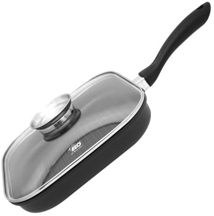 Elo 9155026 Poêle grill carrée avec couvercle en verre, Gril en fonte, Poêle à griller avec revêtement antiadhésif, Convient à tous types de feux, Fonte d'aluminium, 28x28x7cm