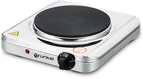 Grunkel - Hornillo Eléctrico de 18,5cm de Placa. Cocina Eléctrica portátil ideal para Caravanas, Camping o Cocinas Pequeñas - EHP-118INOX - Apto para todas las Sartenes - 1500W - Acero inoxidable