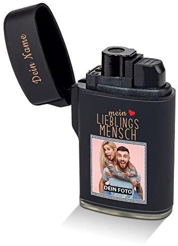 Feuerzeug selbst gestalten - mit Foto & Name Bedrucken - Mein Lieblingsmensch - Sturmfeuerzeug, Flüssiggas nachfüllbar I Personalisiertes Foto-Geschenk - Schwarz gummiert