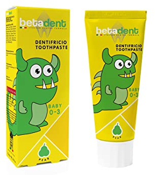 Betadent DENTIFRICIO BABY PER BAMBINI DA 0 A 3 ANNI. Senza Fluoro. Gusto Pera. Azione Antiplacca, facilita la dentizione. Formulazione naturale - 75 ml