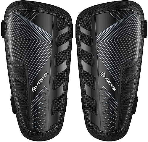 Espinilleras infantiles con certificado AirsFish Ligero, duradero, antideslizante, con correa ajustable, espinilleras de alta resistencia, para niños y niñas, FOOT4, Negro claro.