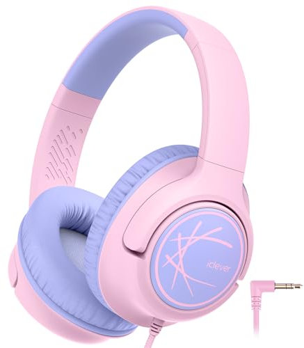 iClever Auriculares Niños, Casco con Cable para Niños, Límite de Volumen Seguro de 85dBA, Sonido Estéreo, Ajustables y Plegables, Jack de 3,5 mm, Auriculares Niño para Escuela/Viajes/Tablet/PC, Rosado