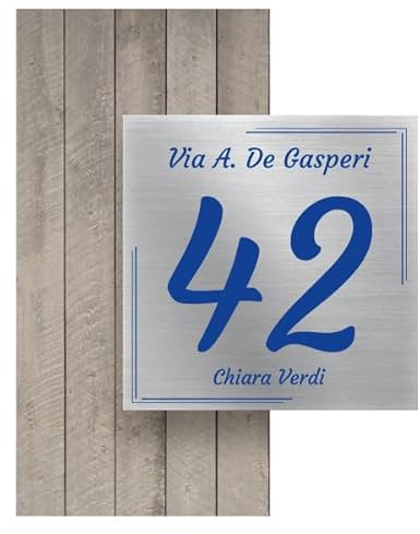 Numero Civico Esterno Personalizzato in Alluminio, Made in Italy - Targa Personalizzabile con Via, Numero Civico e Comune - Protezione al Raggi UV e Antiruggine (10 x 10 cm, ARGENTO SPAZZOLATO)