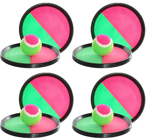 I LOVE FANCY DRESS Catch Ball Set - 4 Sets - 2x Green & Pink Hook & Loop Mits and Matching Ball - Fun Summer Garden Beach Game