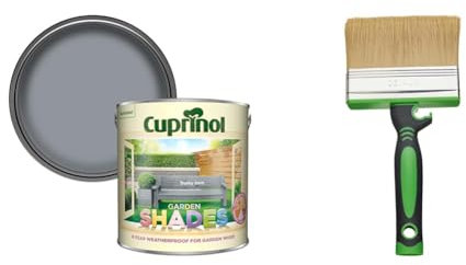Cuprinol 5232386 CUPGSDG25L 2.5 Litre Garden Shades - Dusky Gem & Fit for The Job 4 inch Large Capacity Shed and Fence Block Brush for Rapid Painting of Sheds & Fence