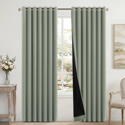 H.Versailtex 100% Blackout Curtains for Bedroom with Black Liner Eyelet Curtains for Living Room Full Room Darkening Thermal Insulated Window Drapes, 2 Panels, 90 x 90 Inch, Light Sage