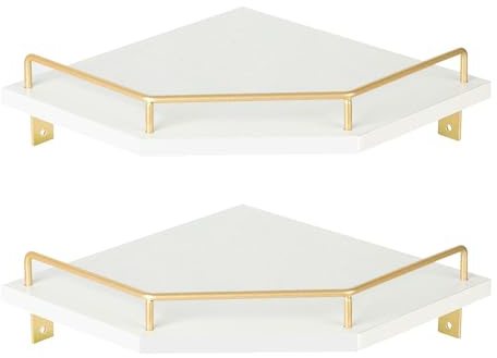 Tirzah Estante de esquina blanco de 2 niveles con valla de metal dorado, estante flotante de diamante de madera blanca de 9.5 pulgadas para decoración del hogar, organizador de cocina