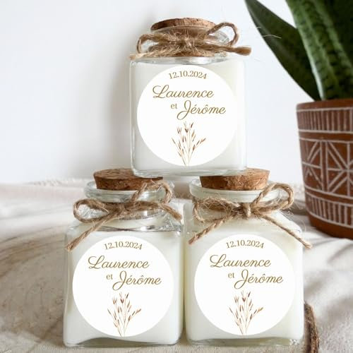 Bougies personnalisées Mariage, cadeau d'invités, thème champêtre. (Lot de 10 bougies) (Monoï)
