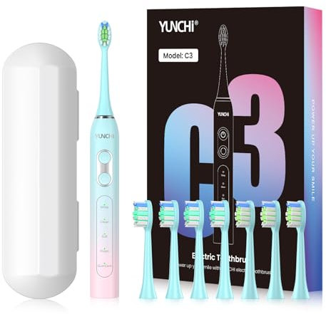YUNCHI C3 Spazzolino Elettrico Ultrasonico Adulto 8 Testine Spazzolino Da Viaggio Ricaricabile Elettrico con 5 Modalità e Ricarica USB di Tipo C, Setole Mediamente Morbide, Blu
