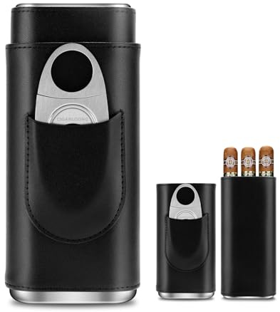 CIGARLOONG Cigar Humidor Set, Portable Leather Cigar Case with Stainless Steel Cigar Cutter, Cedar Wood Lined Cigar Humidor Case 3 Holder,Cigar Gift for Men (Black 2)