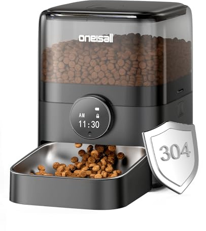 oneisall Comedero automático para Gatos, 3L con Cuenco de Acero Inoxidable 304, 1-6 Comidas al día, Dispensador de Comida Seca para Gatos/Perros, con Temporizador programable