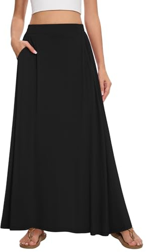 Leafsay Womens Maxi A-line Long Summer Skirt Elastic High Waist Flowy Skirt with Pockets(Black,XL)