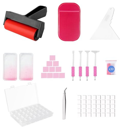 SuSentak 46 PCS Diamond Art Tools Kit, Complete Accessories Set with Multi-Tool Tweezers, Wax Pen, Storage Containers, Trays, Roller, Anti-Slip Mat for Adults Kids Beginners Art Crafts(Pink)