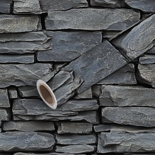45x300cm Peel and Stick Wallpaper Seamless Vintage Gray Brick Layered Slate Stones Irregular Stone Edges Contact Paper Self Adhesive Wallpaper Removable Wall Decals for Backsplash Bedroom Kitchen