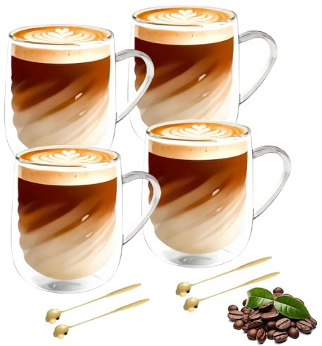 Latte macchiato-glas dubbelväggiga 350 ml, set om 4 skedar, dubbelväggiga kaffeglas teglas med handtag och skedar, espressokoppar, cappuccinoglas, iskaffe, teglas, termoglas