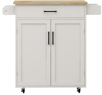 FRITHJILL Mobile Kitchen Island Cart with Wooden Top, Storage Cabinet with Drawer, Adjustable Shelves, Towel Rack and Spice Rack, Rolling Kitchen Trolley On Wheels with Locking Casters, White