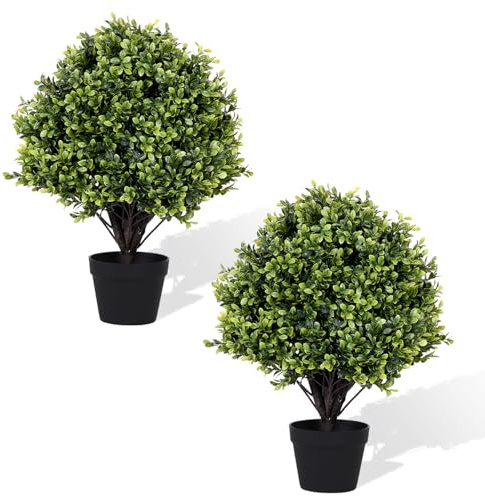 I.C.ELAINE 24 Artificial Boxwood Ball Topiary Set of 2, UV Resistant Faux Potted Plants for Front Porch Entryway Outdoor Planters Decor