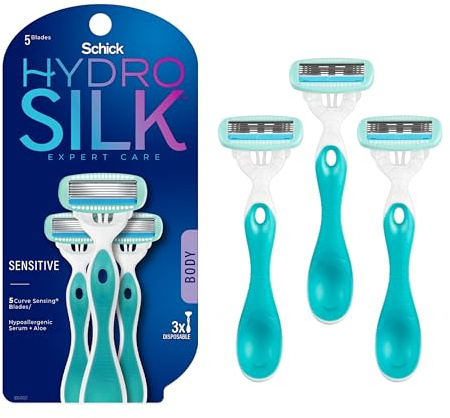 Schick Hydro Silk Sensitive Women's Disposable Razors, 3ct | 5-Blade Disposable Razors for Women Sensitive Skin | Travel Razor for Women