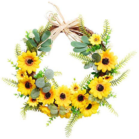 XHONG 17.7 Artificial Sunflower Wreath - Spring/Summer Faux Floral Wreath - Yellow Sunflower & Green Leaves - Indoor/Outdoor Wall Décor