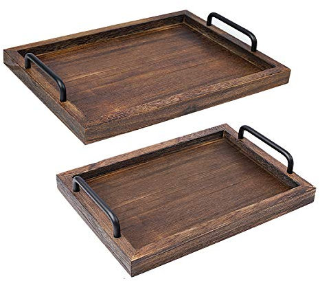 LIBWYS Rustic Wooden Serving Trays with Handle-Set of 2-Decorative Nesting Food Board Platters for Breakfast, Coffee Table/Butler (Large 15.8x11.8x1.2 inches, Small 13.4x9.4 x1.2 inches)