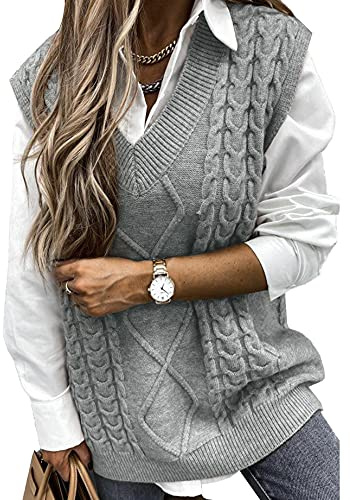 Vancavoo Chaleco sin Mangas Mujer Jersey Suéter sin Mangas Punto Corto Jerséis Fino Cuello V Tops Primavera Camisetas sin Mangas Casual Pull-Over Otoño Invierno(Gris-1,L)