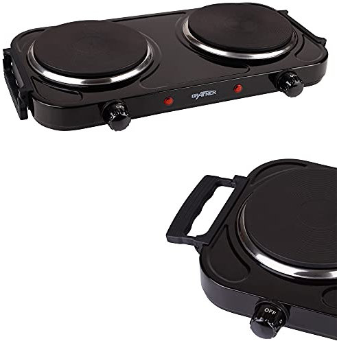 Grafner Kochplatte doppelt mit klappbaren Griffen, 2000 Watt, 2 Massekochfelder mit je Ø 155 mm, stufenlose Temperatureinstellung, Farbe nach Wunsch: schwarz oder weiß, Kochfeld Herdplatte doppel
